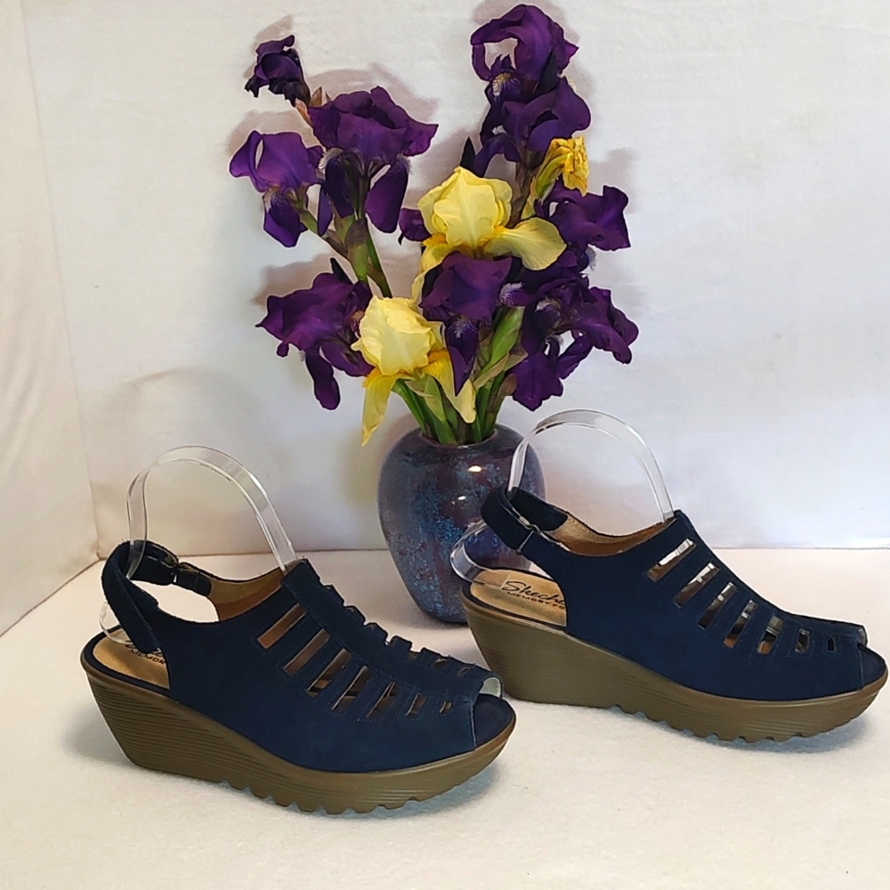 Skechers Blue Suede Cut Out Wedge Sandals US 8